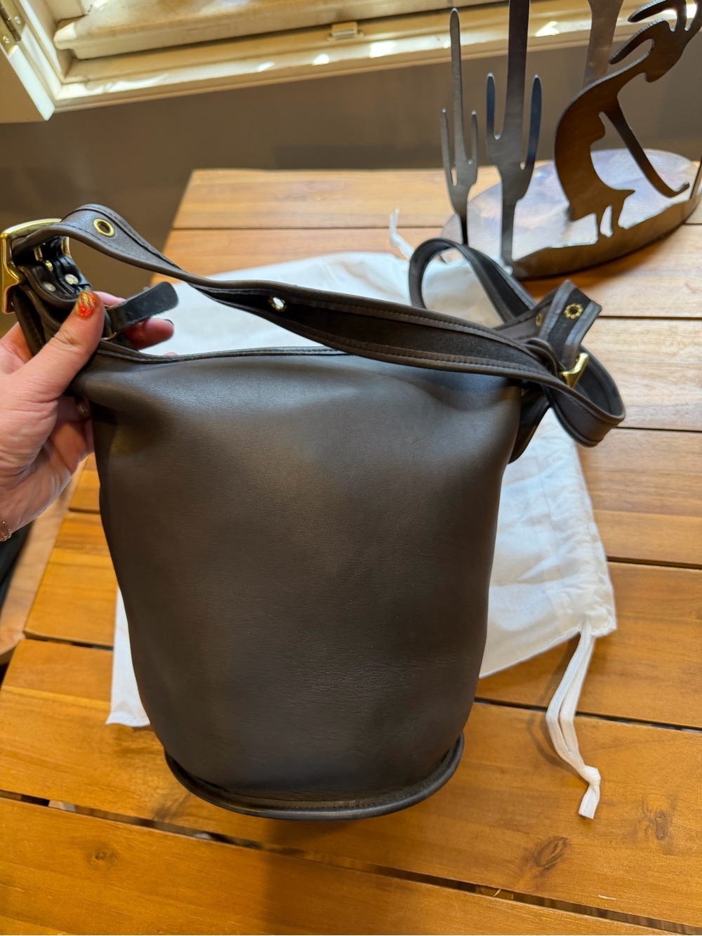 Vintage Coach Gray Leather Bucket Crossbody Bag with Gold Hardware